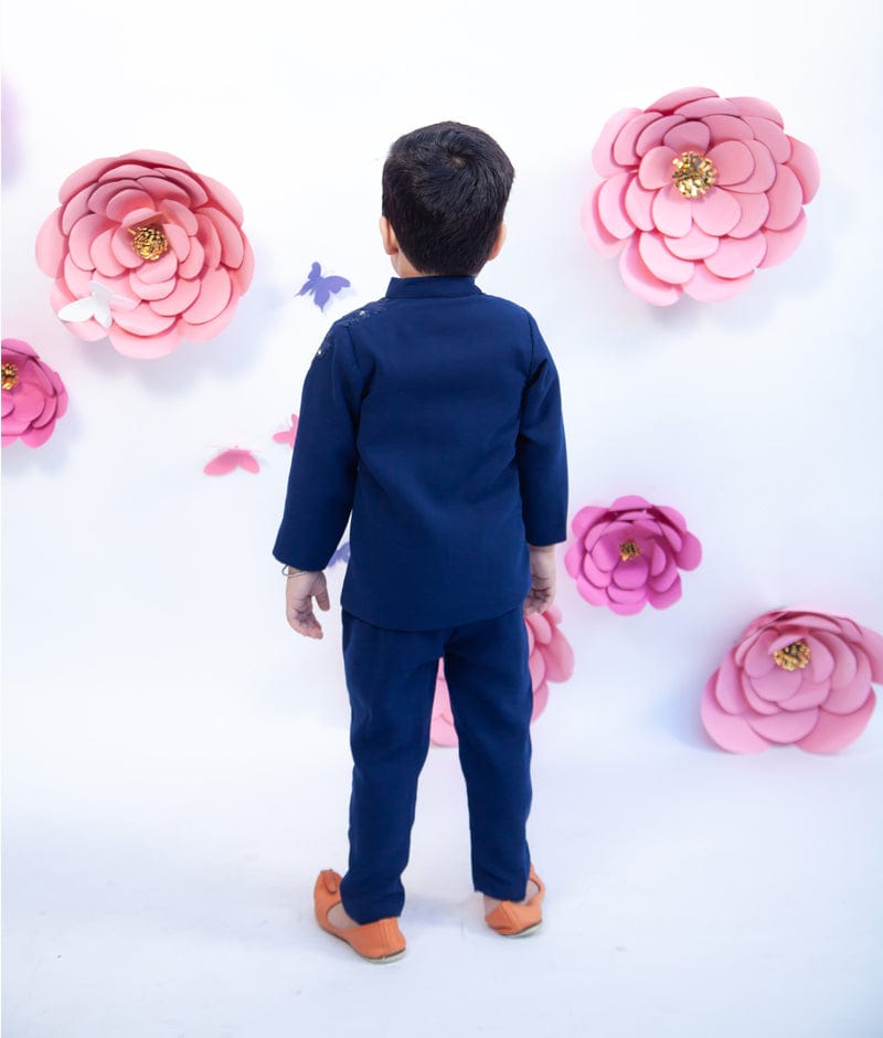 Fayon Kids Midnight Blue Embroidery Ajkan with Trouser for Boys