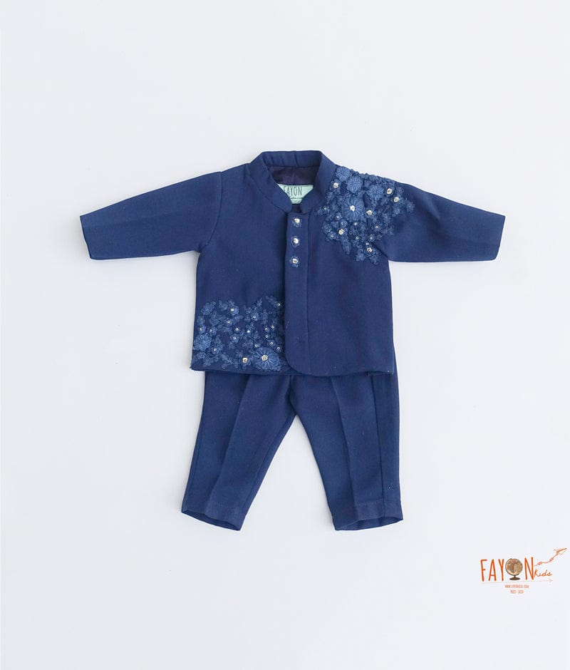 Fayon Kids Midnight Blue Embroidery Ajkan with Trouser for Boys