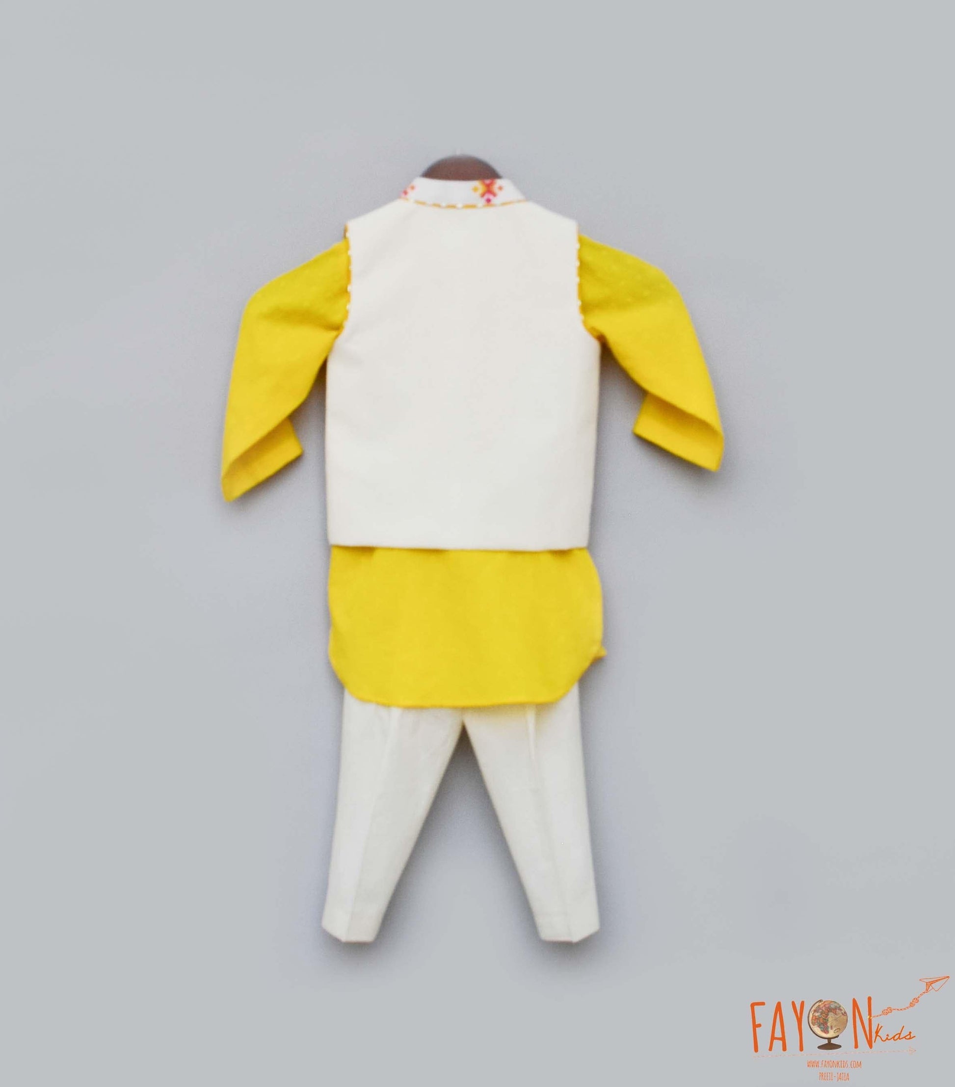 Fayon Kids Multi Color Booti Nehru Jacket Off-white Salwar set for boys