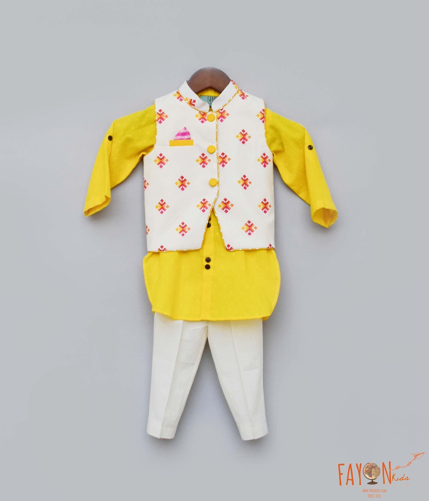 Fayon Kids Multi Color Booti Nehru Jacket Off-white Salwar set for boys