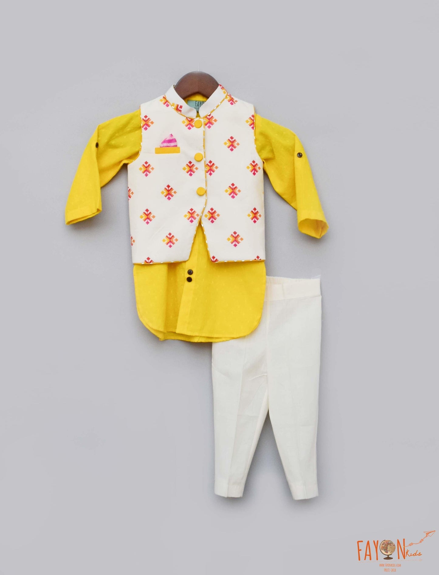 Fayon Kids Multi Color Booti Nehru Jacket Off-white Salwar set for boys