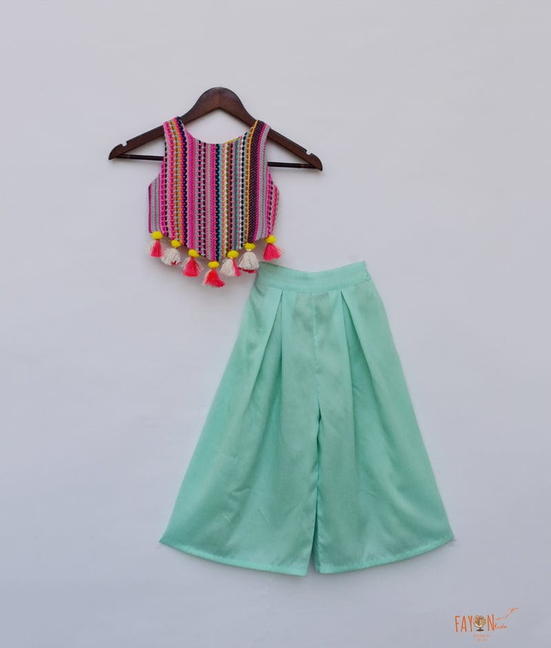 Fayon Kids Multi Colour Knitted Top with Aqua Plazo Pant for Girls