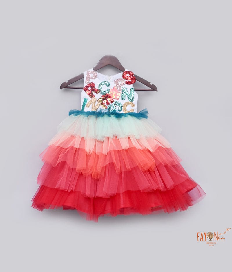 Fayon Kids Multi Colour Net Gown with Customised Initials for Girls