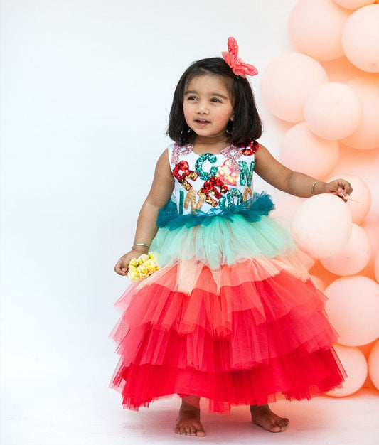 Fayon Kids Multi Colour Net Gown with Customised Initials for Girls
