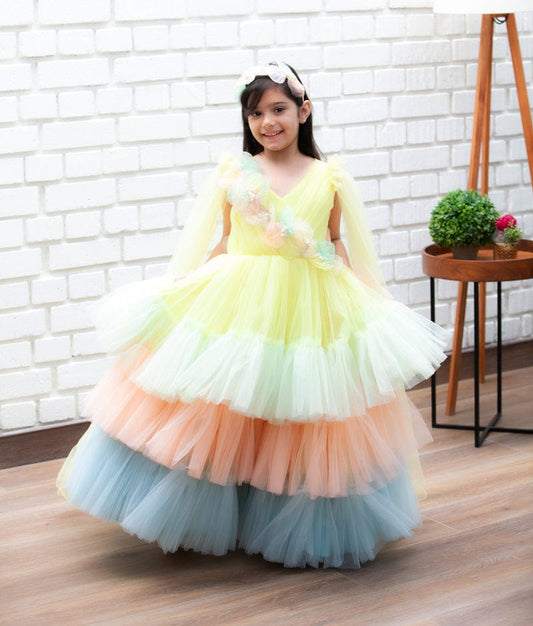 Fayon Kids Multi Colour Net Layers Gown for Girls