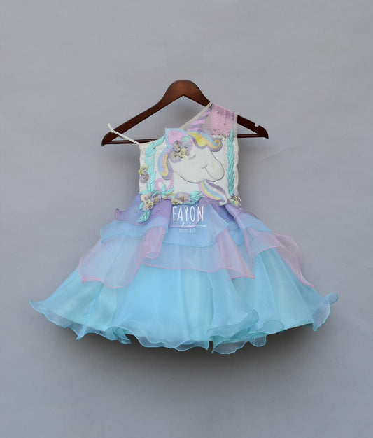 Fayon Kids Multi Colour Organza Unicorn Frock for Girls