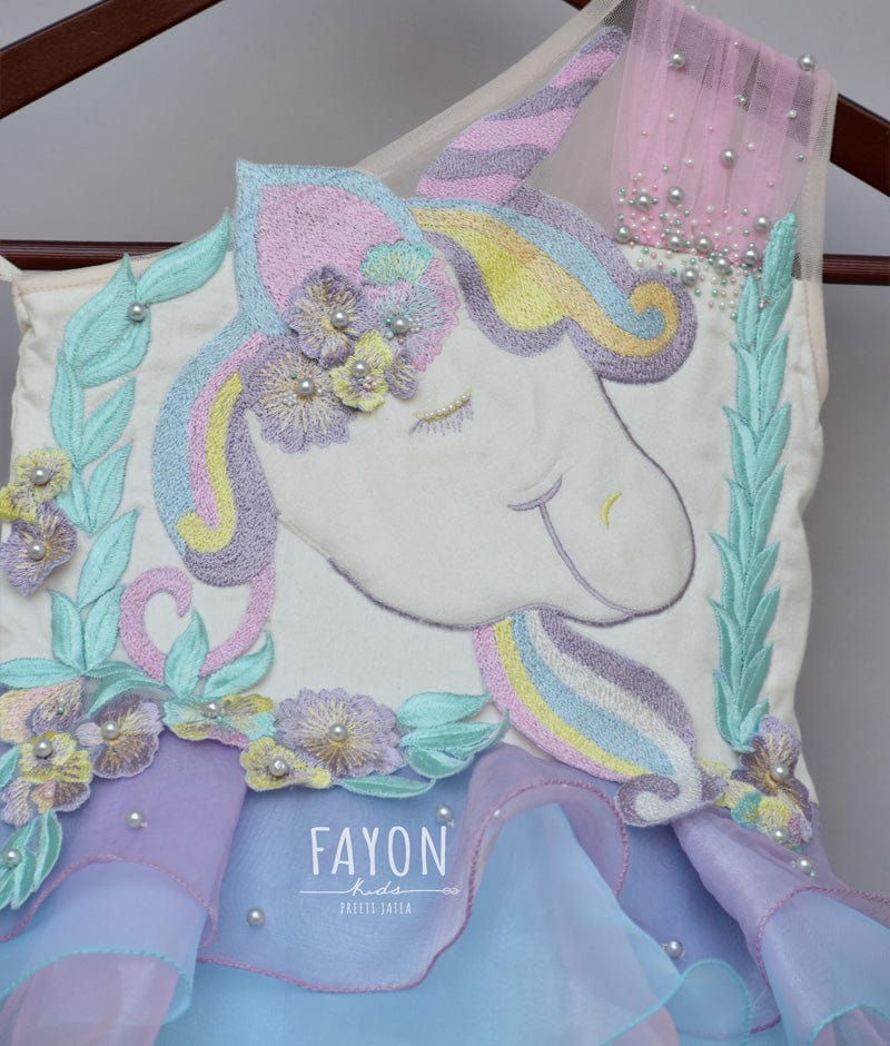 Fayon Kids Multi Colour Organza Unicorn Frock for Girls