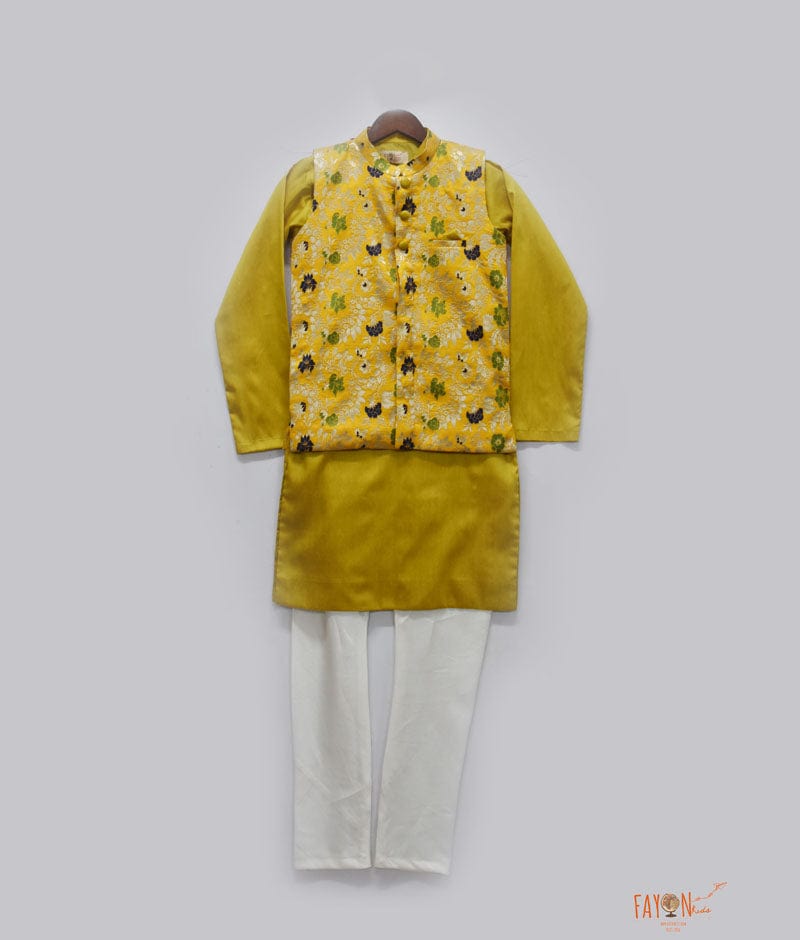 Fayon Kids Mustard Yellow Brocade Jacket with Kurta Pant for Boys