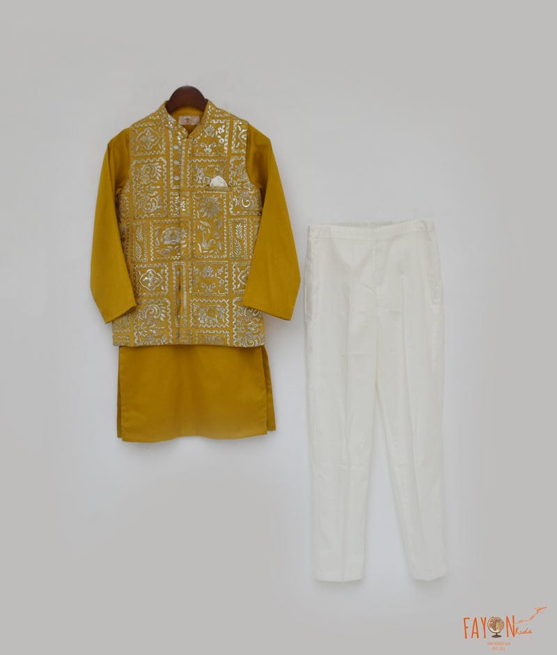 Fayon Kids Mustard Yellow Embroidery Nehru Jacket with Kurta Pant for Boys