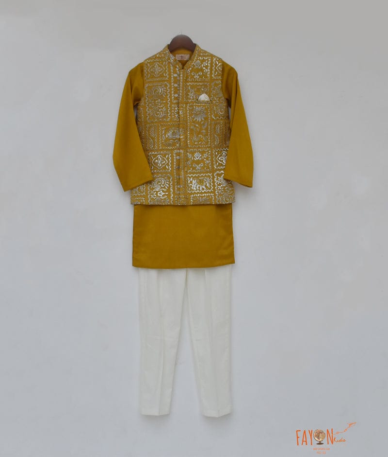 Fayon Kids Mustard Yellow Embroidery Nehru Jacket with Kurta Pant for Boys