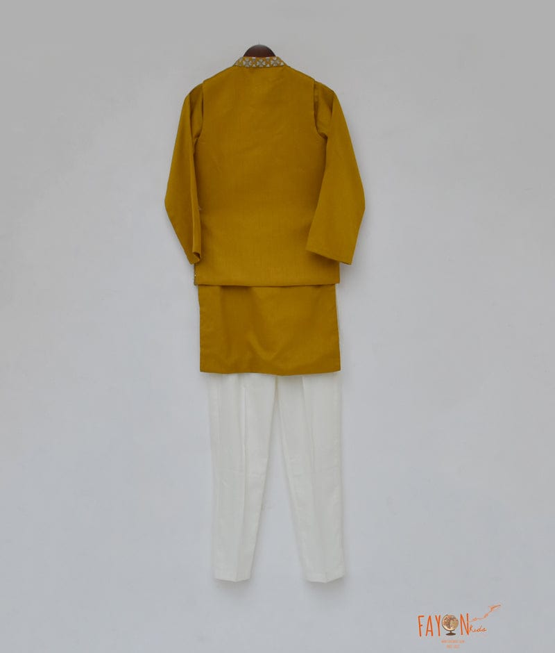 Mustard Yellow Embroidery Nehru Jacket with Kurta Pant for Boys