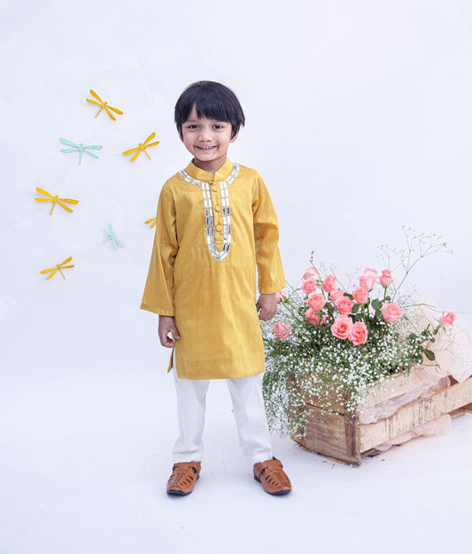 Fayon Kids Mustard Yellow Silk Kurta with Chudidar for Boys