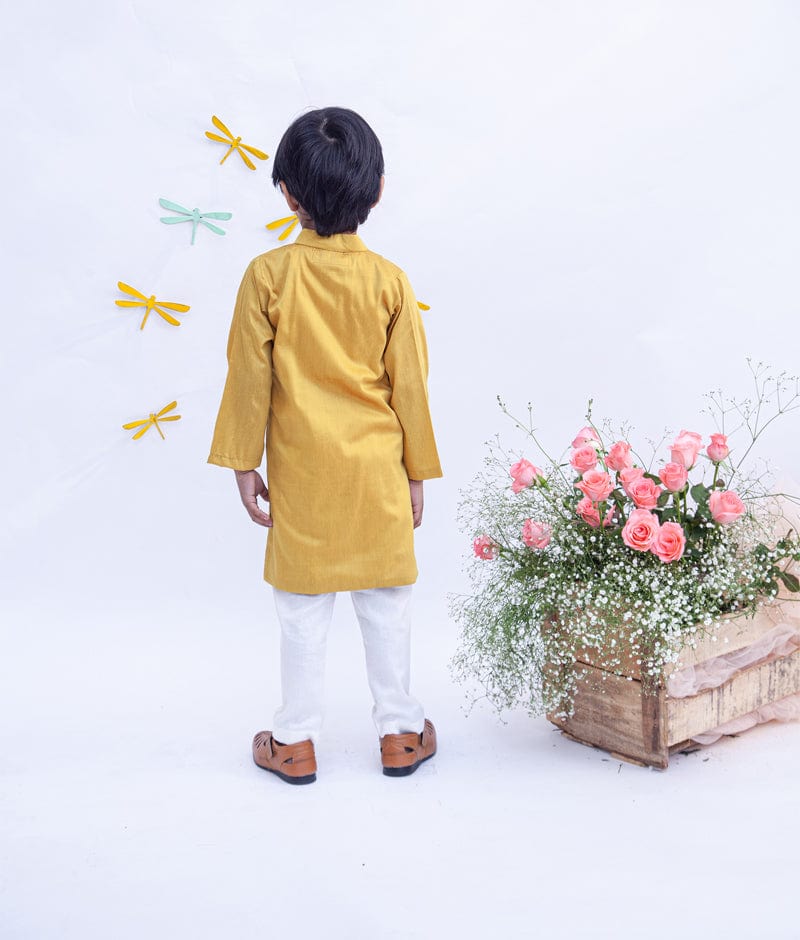 Fayon Kids Mustard Yellow Silk Kurta with Chudidar for Boys