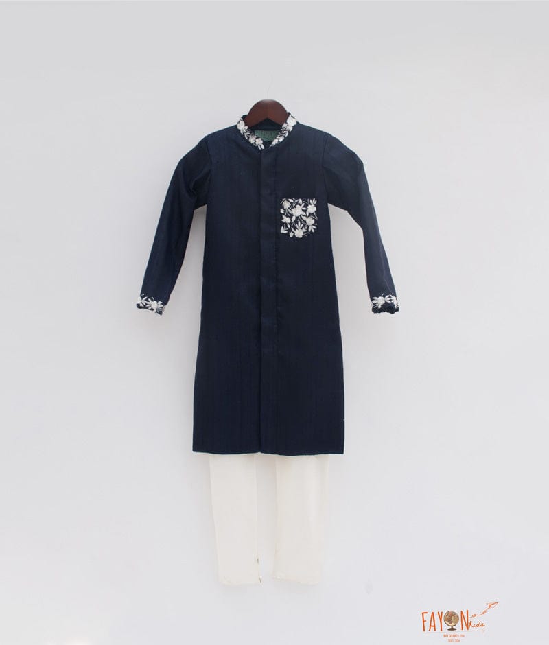 Fayon Kids Navy Blue Embroidery Ajkan with Chudidar for Boys