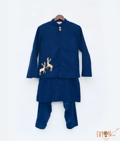 Fayon Kids Navy Blue Nehru Jacket Self Kurta Salwar for Boys