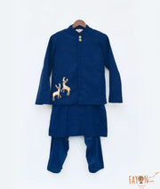 Navy Blue Nehru Jacket Self Kurta Salwar for Boys