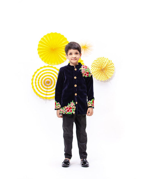 Fayon Kids Navy Blue Velvet Embroidery Ajkan with Pant for Boys