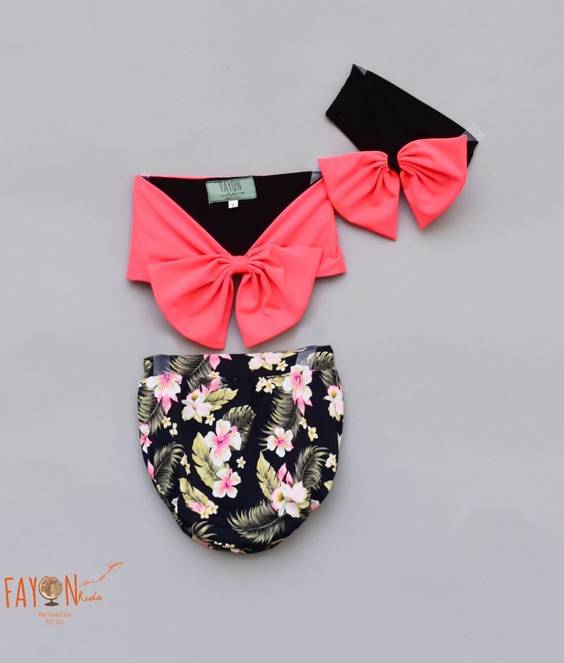 Fayon Kids Neon Black Floral Printed Swim Wear for Girls