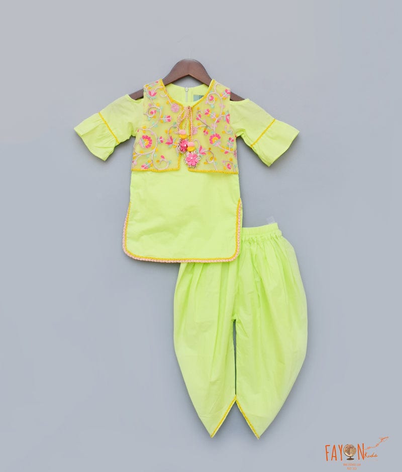 Fayon Kids Neon Green Cotton Dhoti Set with Embroidery Jacket for Girls
