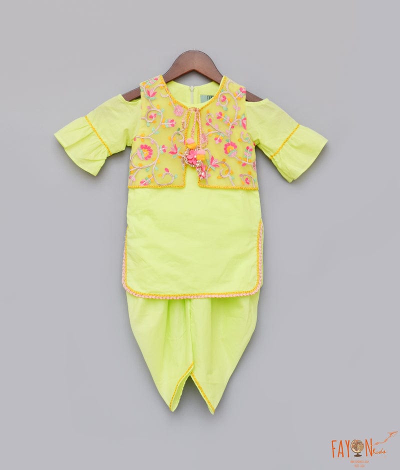 Fayon Kids Neon Green Cotton Dhoti Set with Embroidery Jacket for Girls