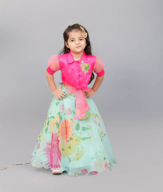 Fayon Kids Neon Pink Acqua Printed Lehenga with Knotted Top for Girls
