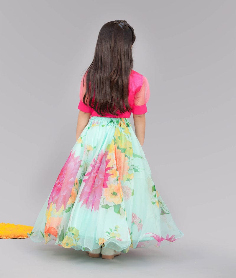 Neon Pink Acqua Printed Lehenga with Knotted Top for Girls