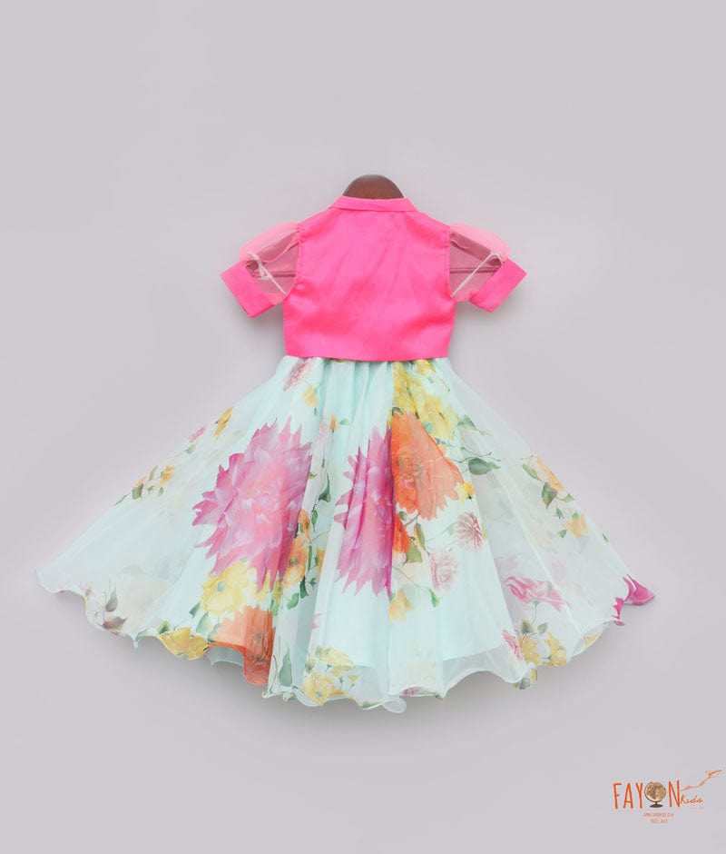 Neon Pink Acqua Printed Lehenga with Knotted Top for Girls