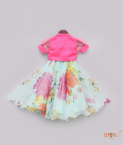 Neon Pink Acqua Printed Lehenga with Knotted Top for Girls