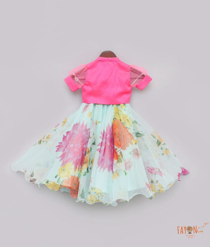Neon Pink Acqua Printed Lehenga with Knotted Top for Girls