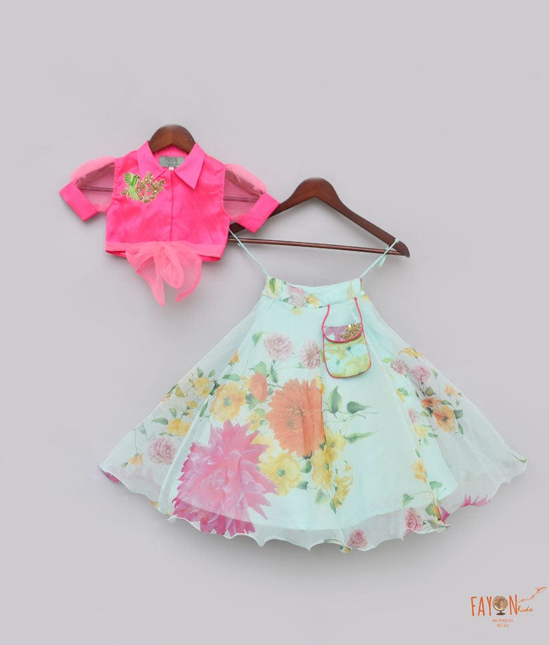 Neon Pink Acqua Printed Lehenga with Knotted Top for Girls