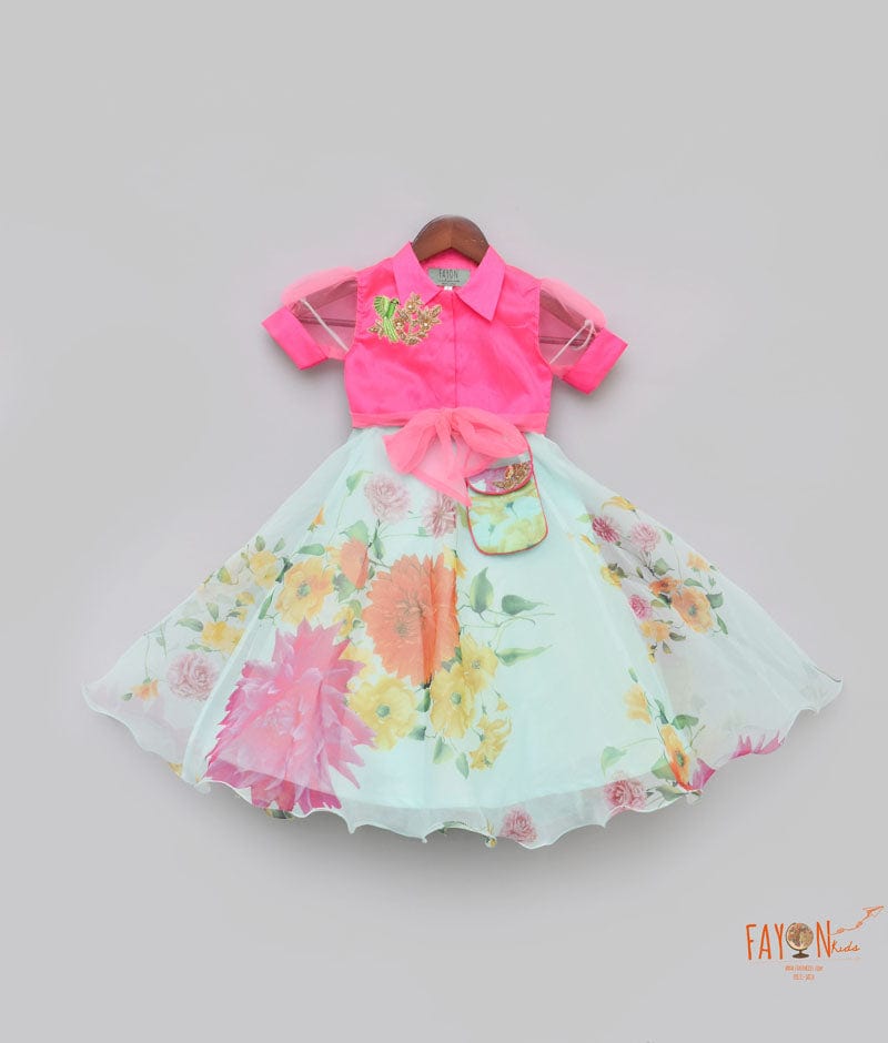 Neon Pink Acqua Printed Lehenga with Knotted Top for Girls