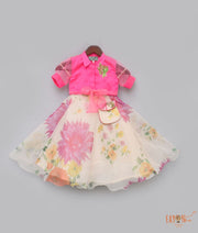 Neon Pink Ivory Printed Lehenga with Knotted Top for Girls