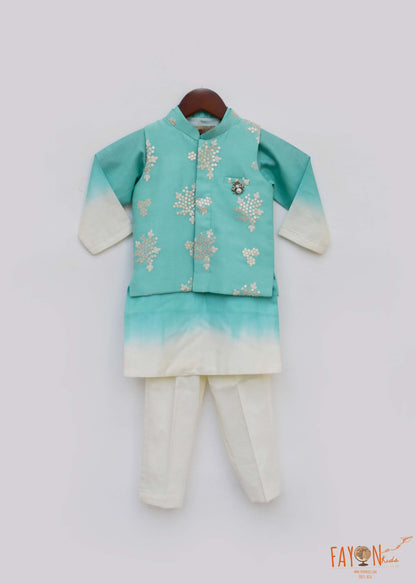 Fayon Kids Off-White Acqua Embroidery Jacket  Shaded Kurta and Cotton Silk Pant set for boys