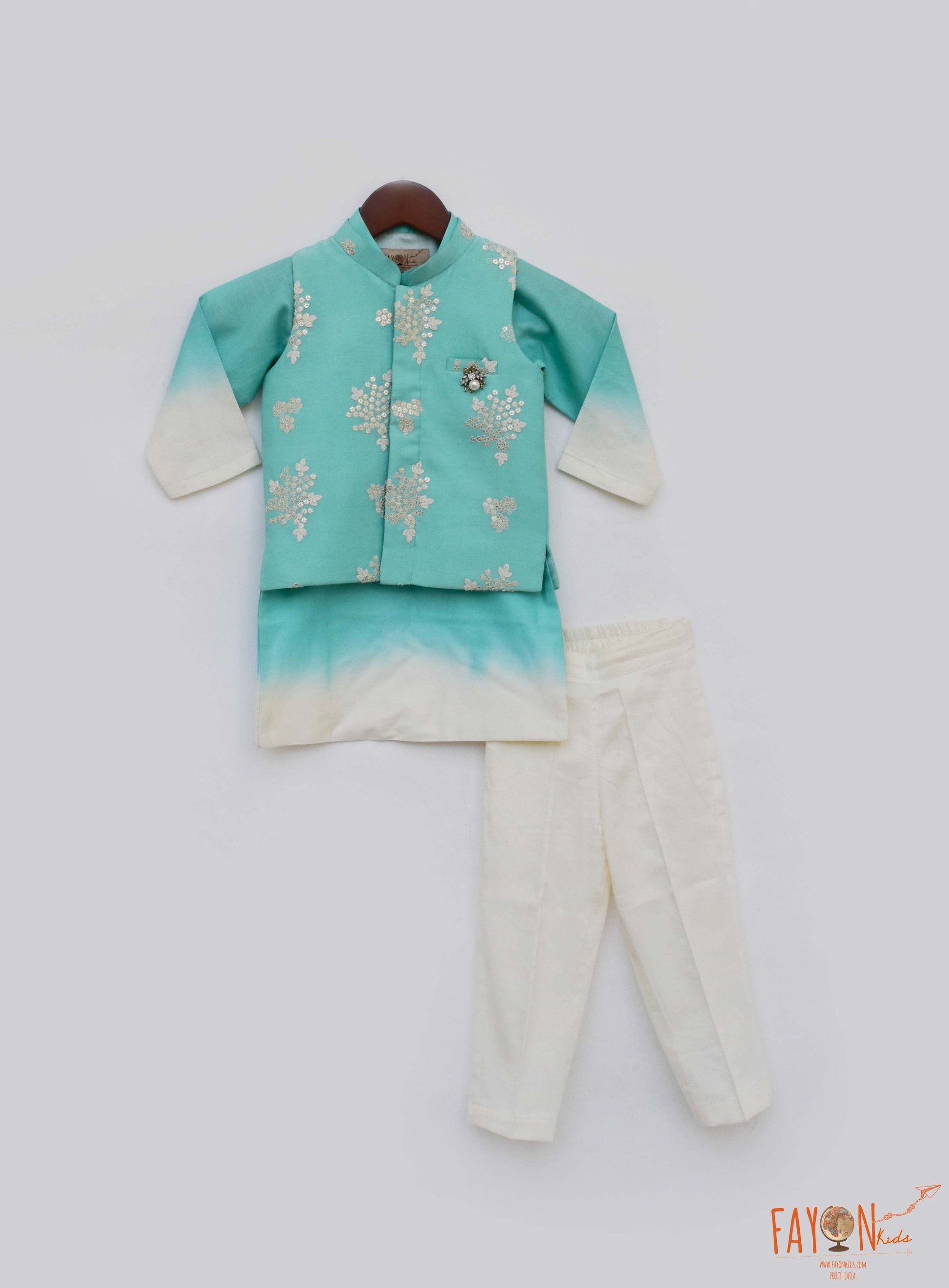 Fayon Kids Off-White Acqua Embroidery Jacket  Shaded Kurta and Cotton Silk Pant set for boys