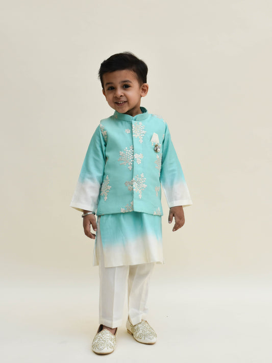 Fayon Kids Off-White Acqua Embroidery Jacket  Shaded Kurta and Cotton Silk Pant set for boys