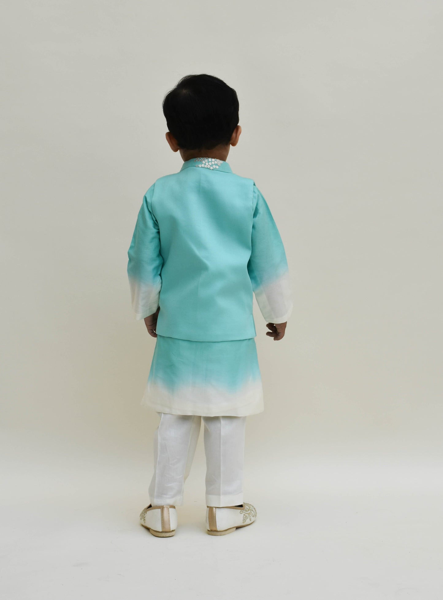 Fayon Kids Off-White Acqua Embroidery Jacket  Shaded Kurta and Cotton Silk Pant set for boys