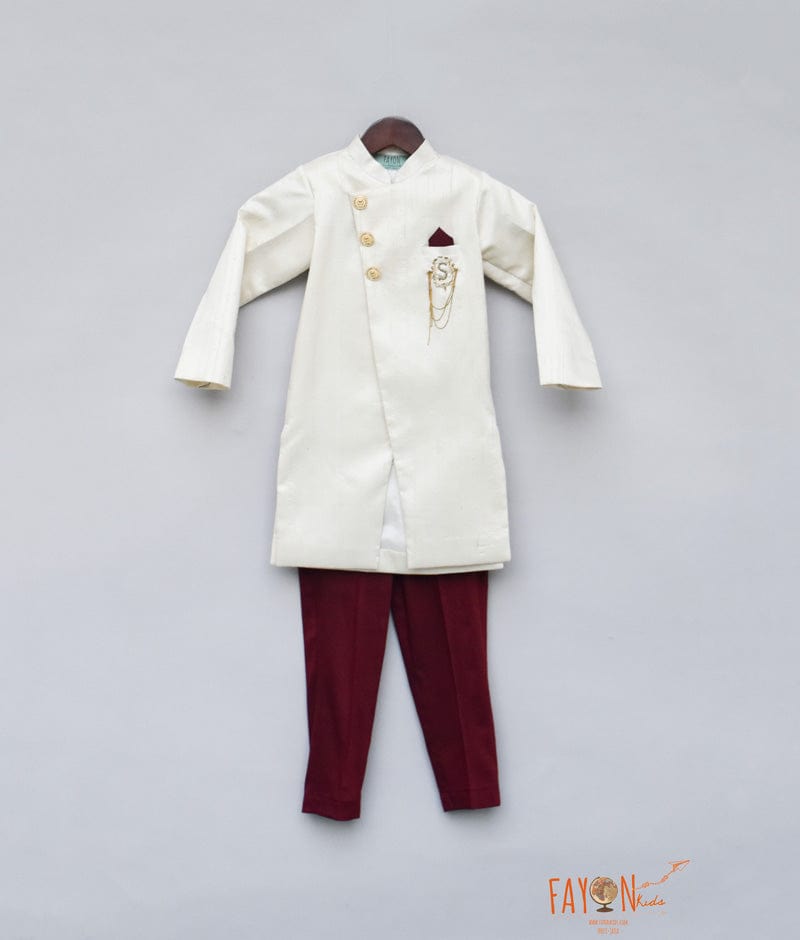 Fayon Kids Off white Ajkan with Maroon Pant for Boys