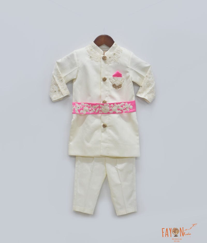 Fayon Kids Off white Ajkan with Pant Hot Pink Belt for Boys