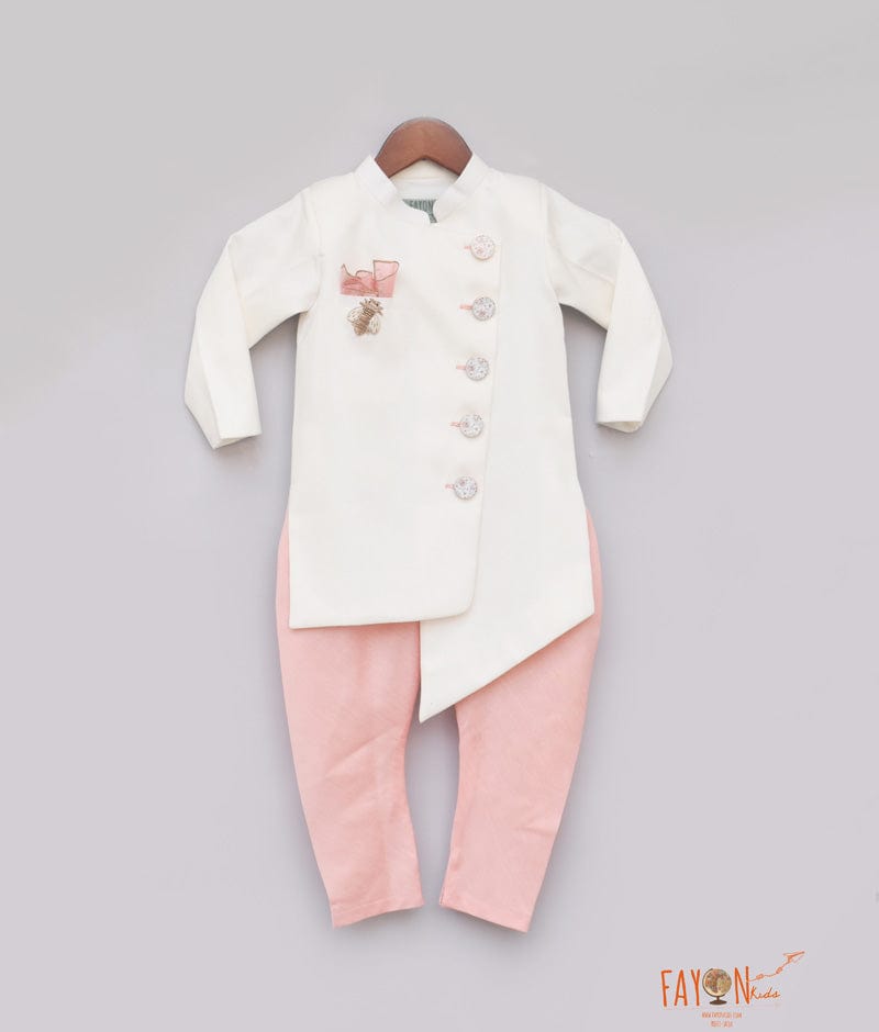 Fayon Kids Off white Ajkan with Peach Chudidar for Boys