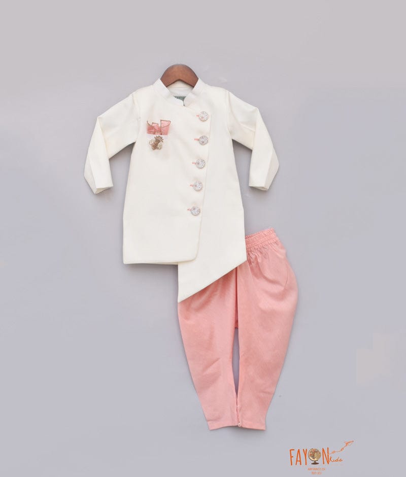 Fayon Kids Off white Ajkan with Peach Chudidar for Boys