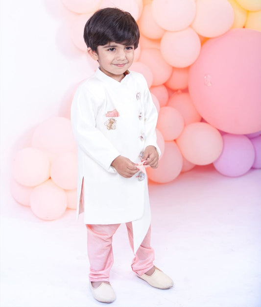 Fayon Kids Off white Ajkan with Peach Chudidar for Boys