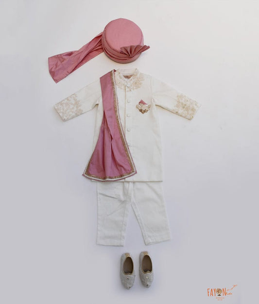 Fayon Kids Off white Ajkan with Silk Stole Pant for Boys