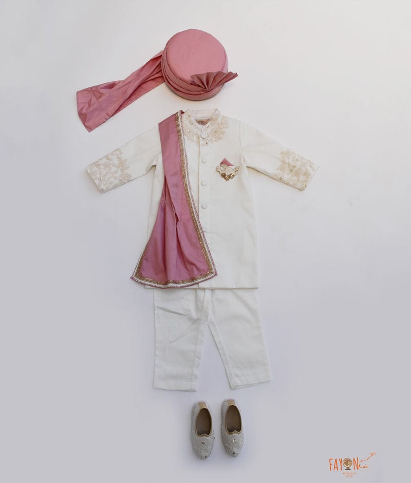 Fayon Kids Off white Ajkan with Silk Stole Pant for Boys