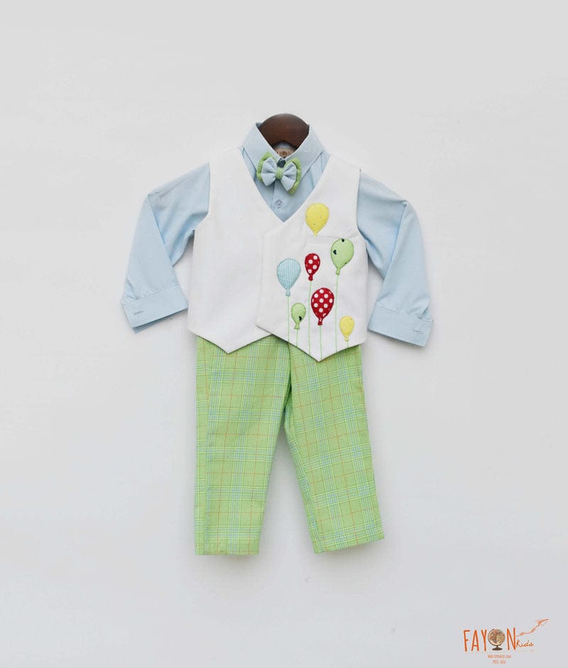 Fayon Kids Off white Balloons Waist Coat with Blue Shirt and Green Check Pant for Boys