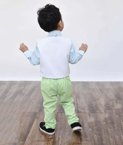 Fayon Kids Off white Balloons Waist Coat with Blue Shirt and Green Check Pant for Boys