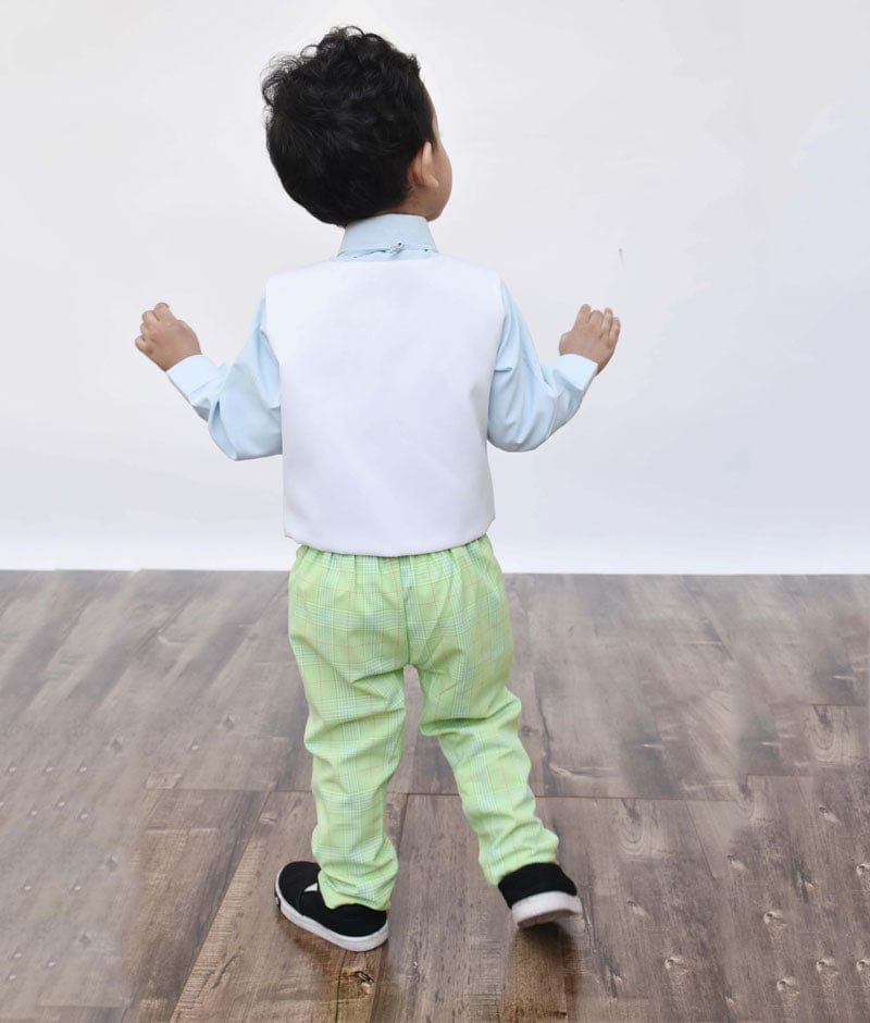 Fayon Kids Off white Balloons Waist Coat with Blue Shirt and Green Check Pant for Boys