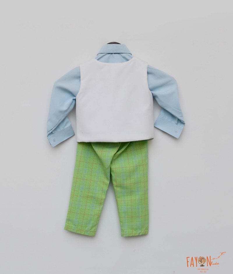 Fayon Kids Off white Balloons Waist Coat with Blue Shirt and Green Check Pant for Boys