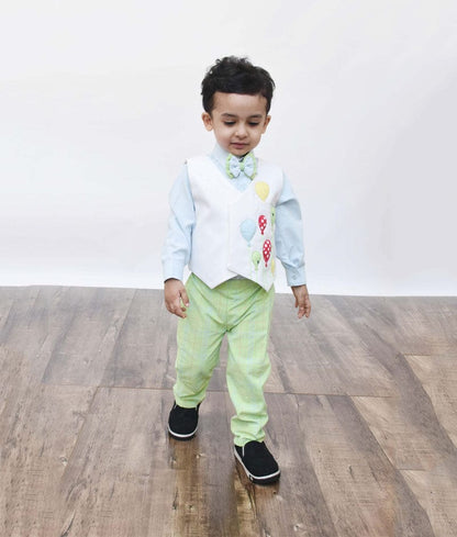 Fayon Kids Off white Balloons Waist Coat with Blue Shirt and Green Check Pant for Boys