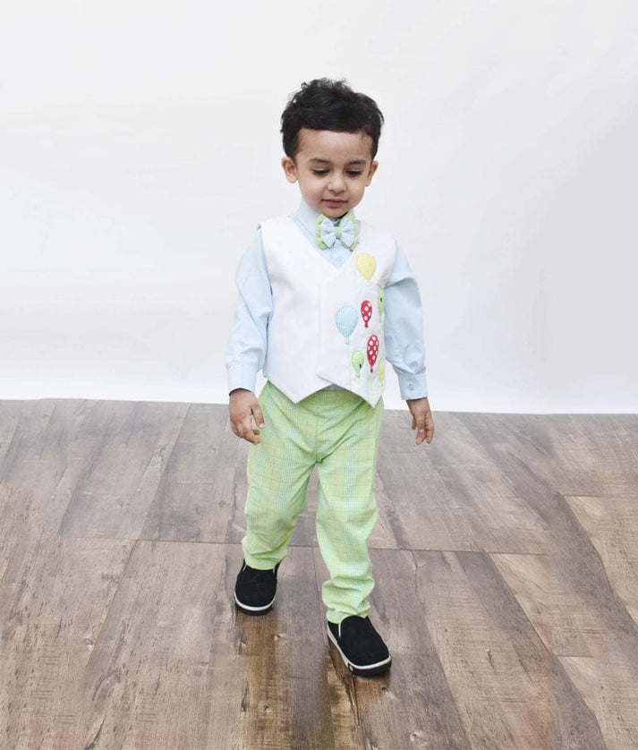 Fayon Kids Off white Balloons Waist Coat with Blue Shirt and Green Check Pant for Boys