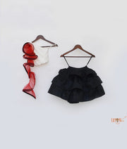 Off white Black Silk Crop Top with Skirt attached Net Frill for Girls